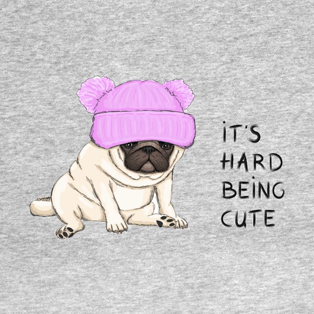 funny pug puppy dog sitting down with pink knitted hat and text its hard being cute by amramna